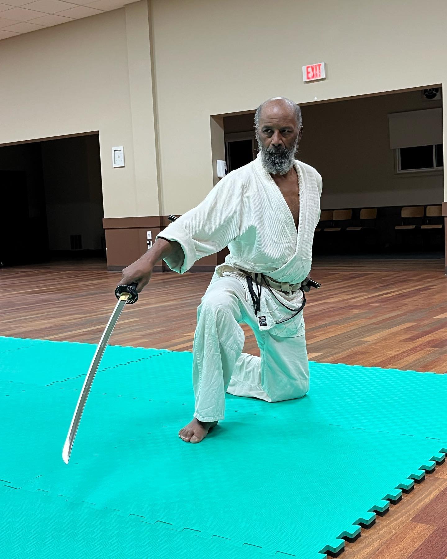 Focused adult practicing iaijutsu