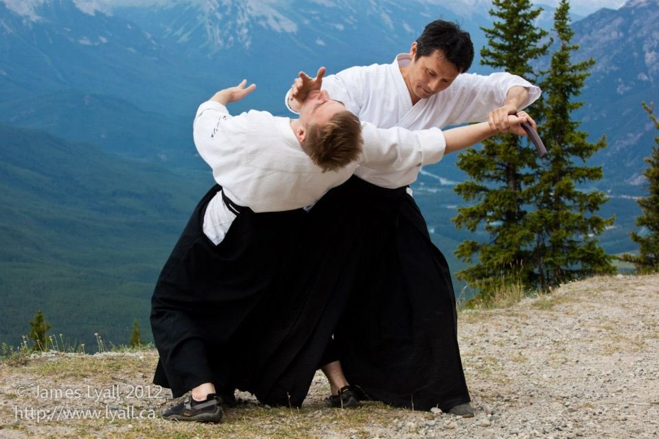 Ishikawa sensei and josh practicing Aikido on Sulphur Mountain